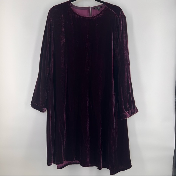 Eileen Fisher Velvet Crew Neck Long Sleeve Dress - Deep Purple - Size L EUC - Picture 2 of 6